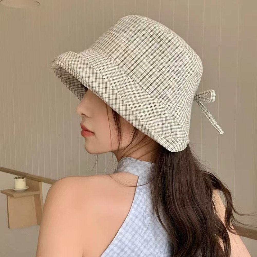 Quick-dry Plaid Bucket Cap Summer Fisherman Caps Fashion Plaid Sun Hat for Women