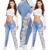 Pantaloni Denim a Vita Alta con Pizzo e Intagli - Pantaloni Lunghi Sexy in Cotone per Donna