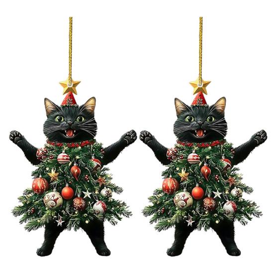 Weihnachtskatze im Weihnachtsbaum Acryl Hängeornament 2D Flach Auto Rückspiegel Anhänger Weihnachtsgeschenke für Katzenliebhaber