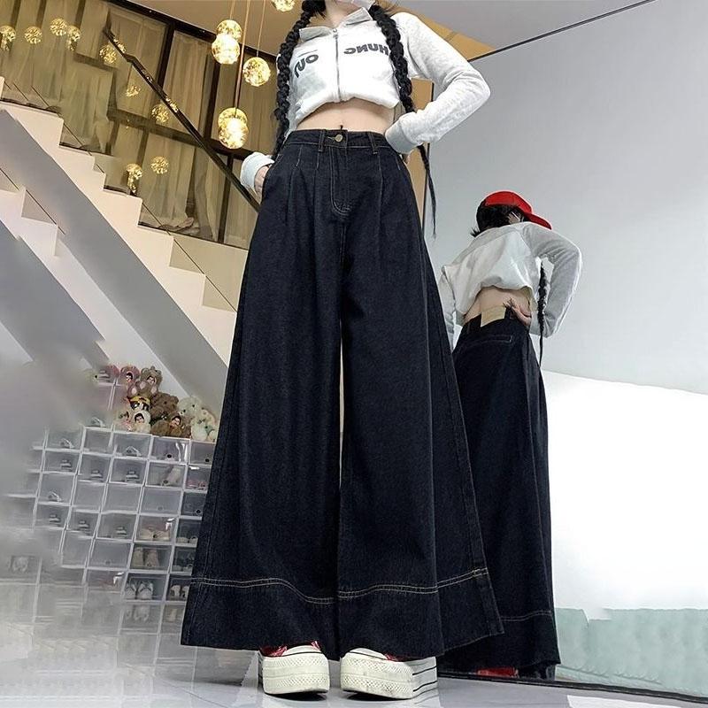 

Женские джинсы большого размера в стиле ретро, черные, джинсовые, свободные, стройнящие, с высокой посадкой, прямые, широкие брюки 3XL