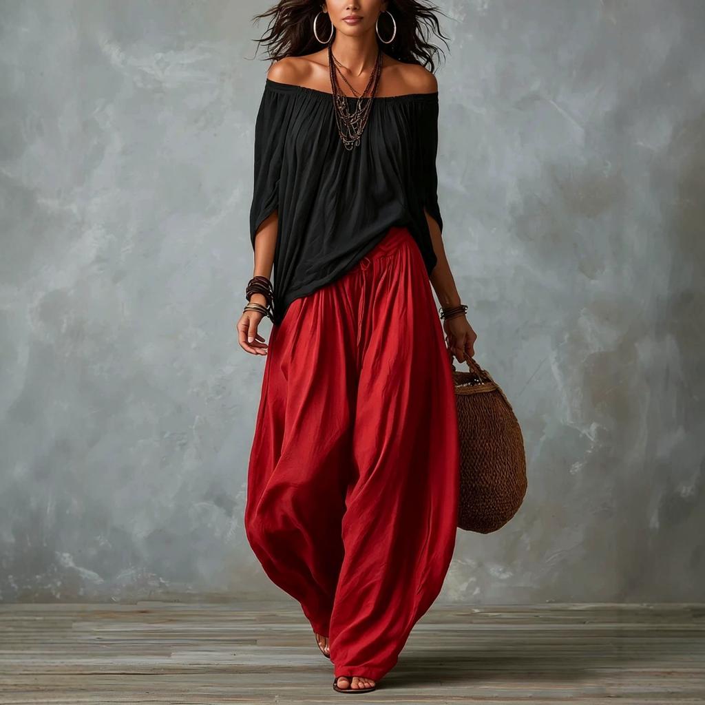 1116 Nouveau pantalon large décontracté haut de gamme pour femme été européen et américain avec un haut Bardot exquis à col une épaule