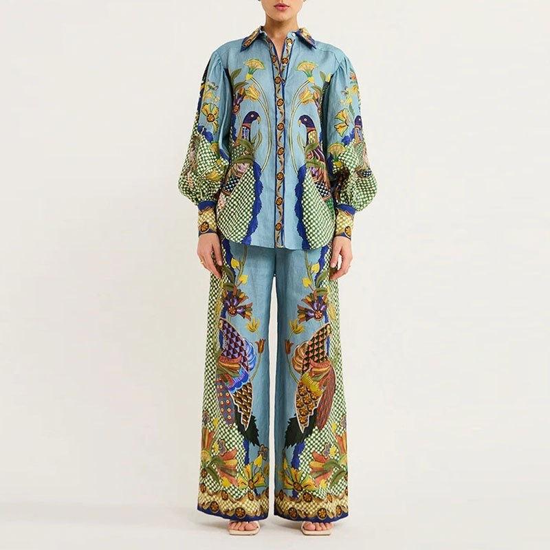 Spring new women s clothing, European and American fashion elegant lapel printed straight pants casual suit S