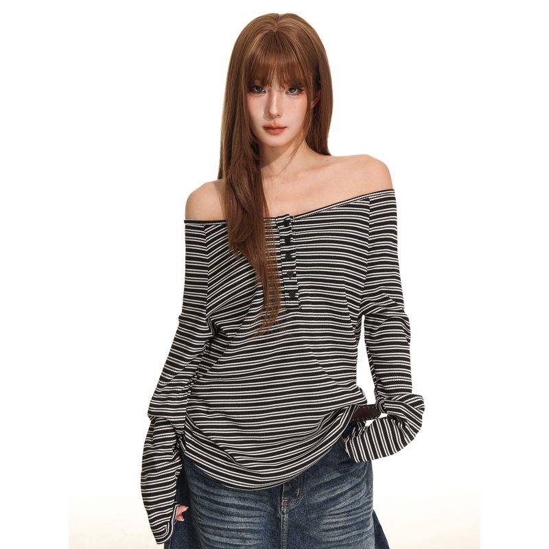 [Designer Style] American-Style Striped Off-Shoulder Sexy Top for Women, Autumn Casual Loose Long-Sleeve Top for a Lazy and Trendy Look