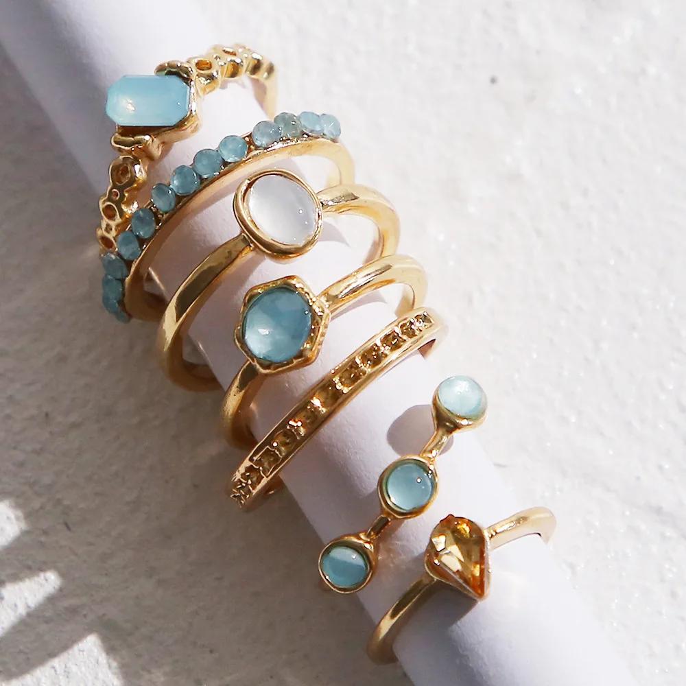

7 Pcs/Set Vintage Colorful Creative Irregular Gem Ring Set for Women Geometry Knuckle Water Drop Ring Paty Zircon Gifts