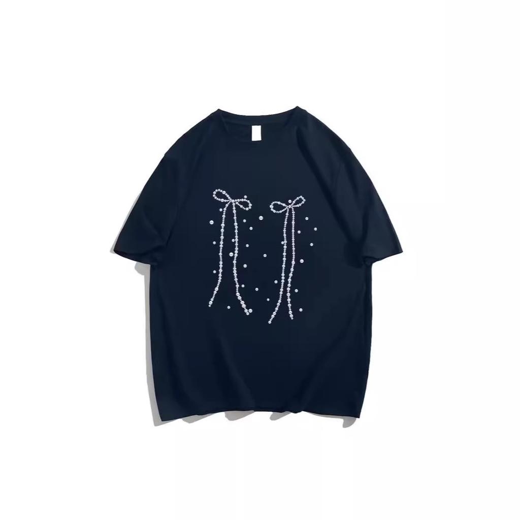 Large size loose cotton short-sleeved t-shirt women's new spring and summer fat mm meat covering and thin black bow trendy