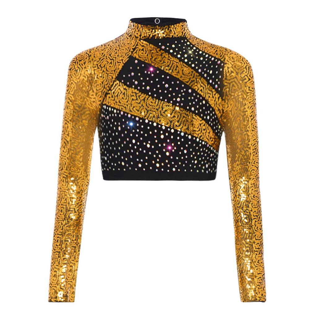 Mädchen Rollkragen Langarm Pailletten Strass Crop Top Cutout Rücken Druckknopf Tanz Top