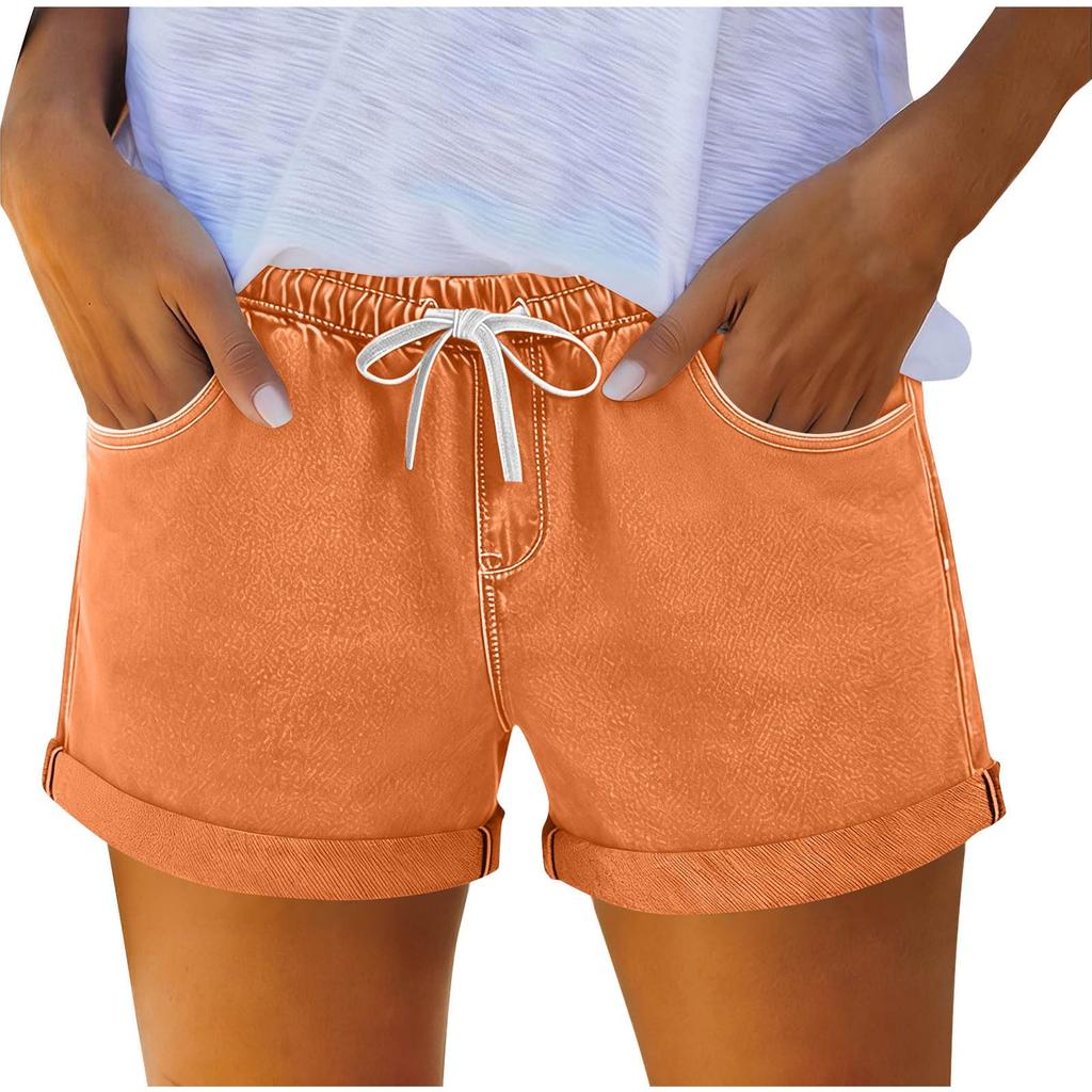Women's Denim Shorts with Drawstring, Casual Summer Fashion, Stretch Comfort Fit for Beach and Daily Wear
