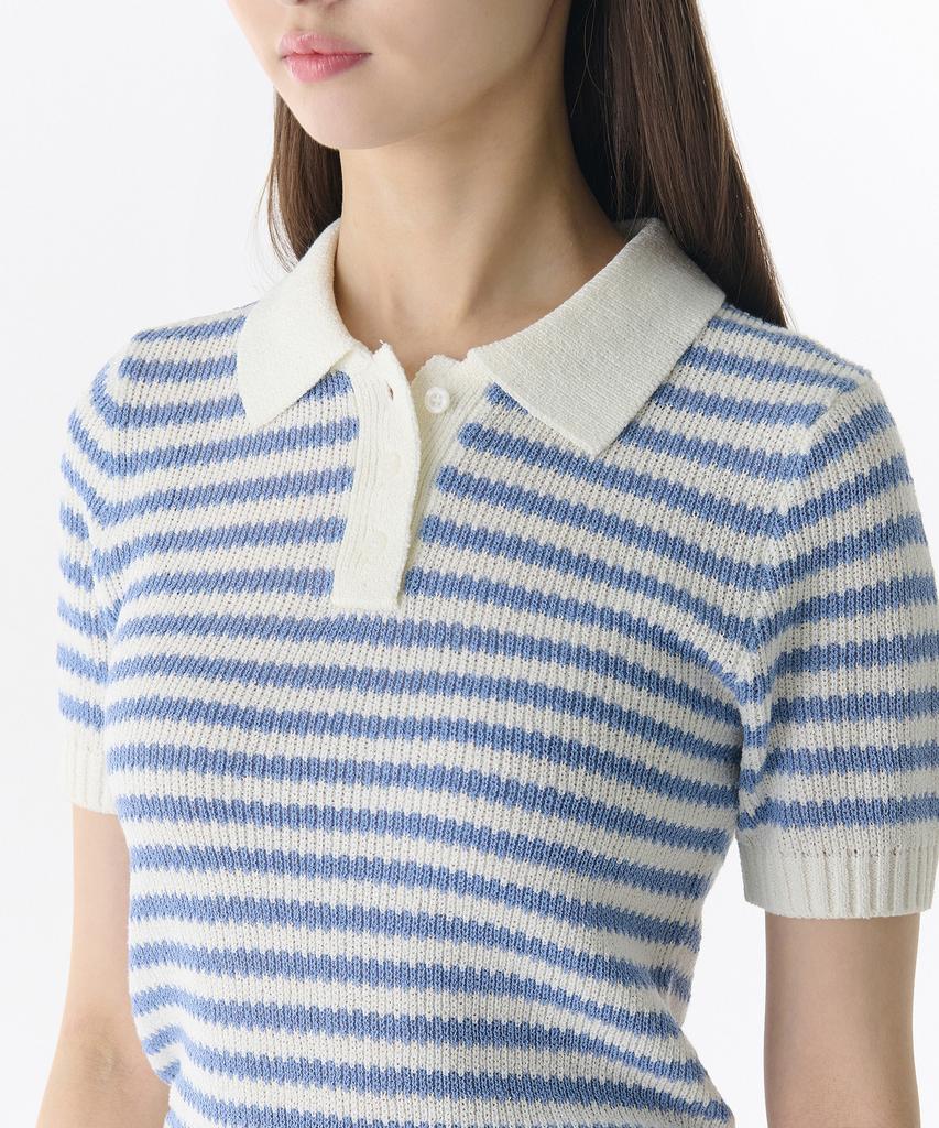 MUSINSA STANDARD WOMAN Women'S Striped Knitted Polo Shirt [Ivory/Sky Blue]