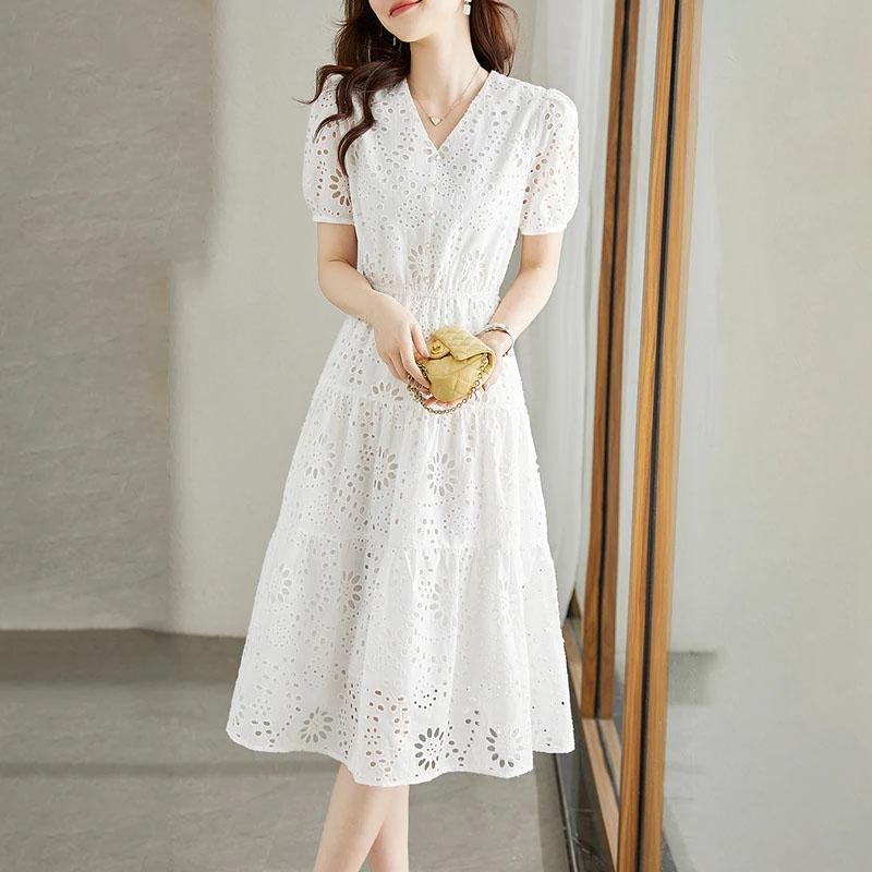 

Платье Скелет Женское Летнее Короткорукавное Свободное V-образный вырез Французское Юбка с высокой талией XXXL белый