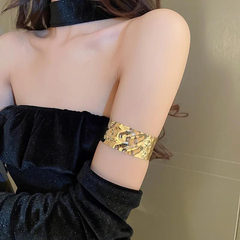 Personality Stainless Steel Irregular Glossy Liquid Metal Wide Opening Bangles Arm Ring for Women High Quality Designer Jewelry
