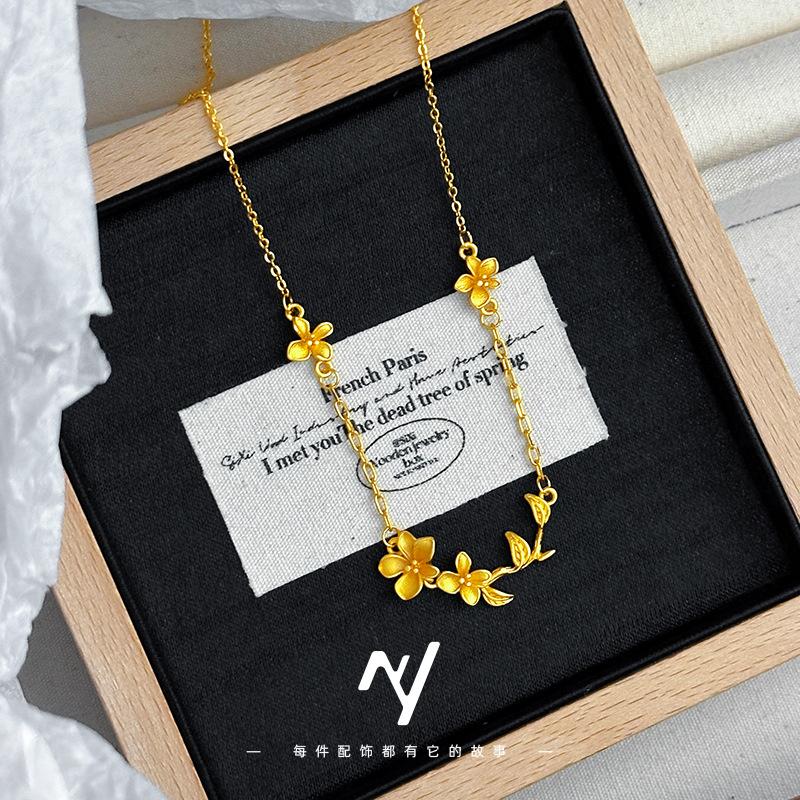 Роскошное 24K 9999 Чистое Золото Настоящее Золото Нишевый Дизайн Цветок Ключица Ожерелье Изысканное Женское Ожерелье золотой