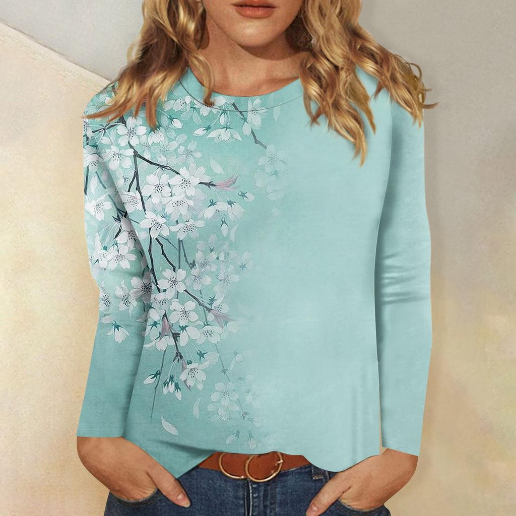 Women's Basic Long-sleeved T-shirt, Round Neck, Leaf Print, Plain Top, Everyday Pullover, Party Gift, Versatile T-shirt