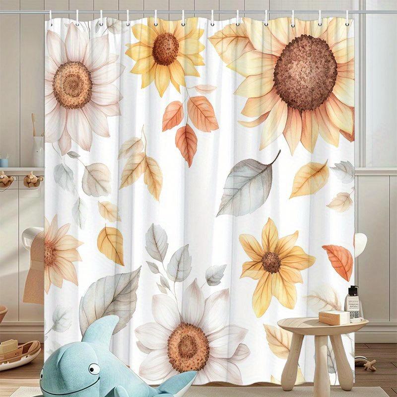 1Pc Autumn Sunflower And Leaves Shower Curtain - Polyester Fabric, Machine Washable, Suitable For Bathroom Decoration