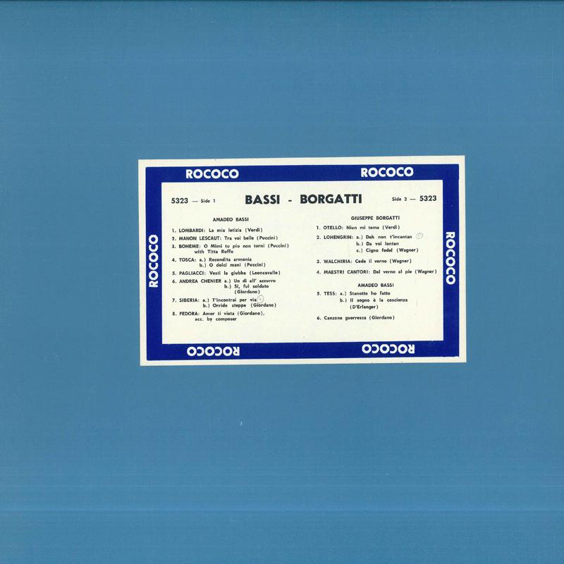 LP Record AMEDEO BASSI GIUSEPPE BORGATTI  Amedeo Bassi  Giuseppe Borgatti 5323 ROCOCO Canada Classical Used