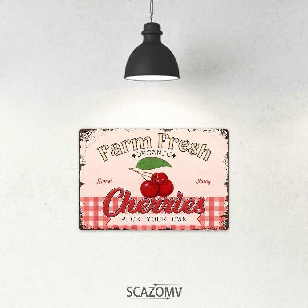 Farm Fresh Sweet Juicy Cherries Vintage Metal Tin Sign, Retro Fruit Poster Decorative Wall Art Signage, Farmhouse Country Market Kitchen Bar Home