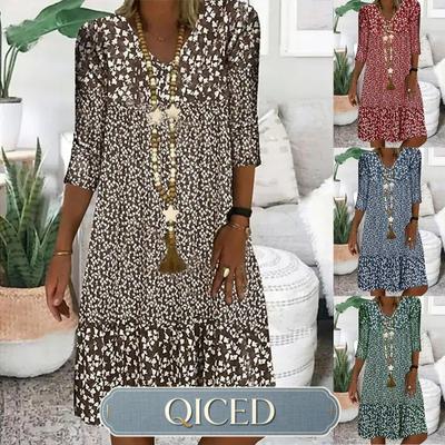 QICED Women's Fashion Summer Spring V-Neck 3/4 Sleeves  Casual DressesCasual Chic