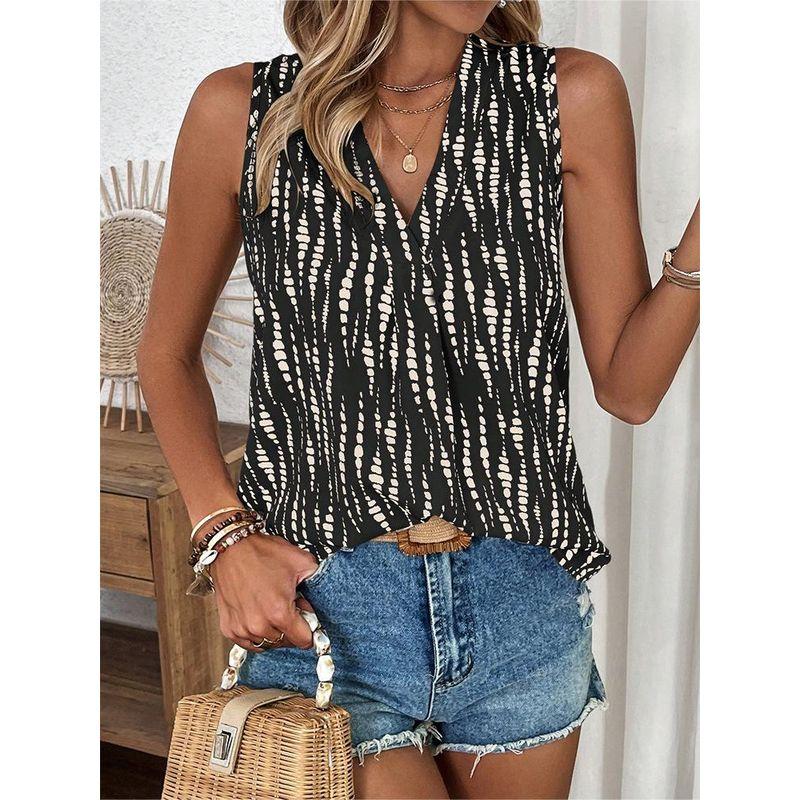

European American Summer New Sleeve V-neck Print Blouse Women Tops Vest Shirt, Women s Top, Vest Black background XL