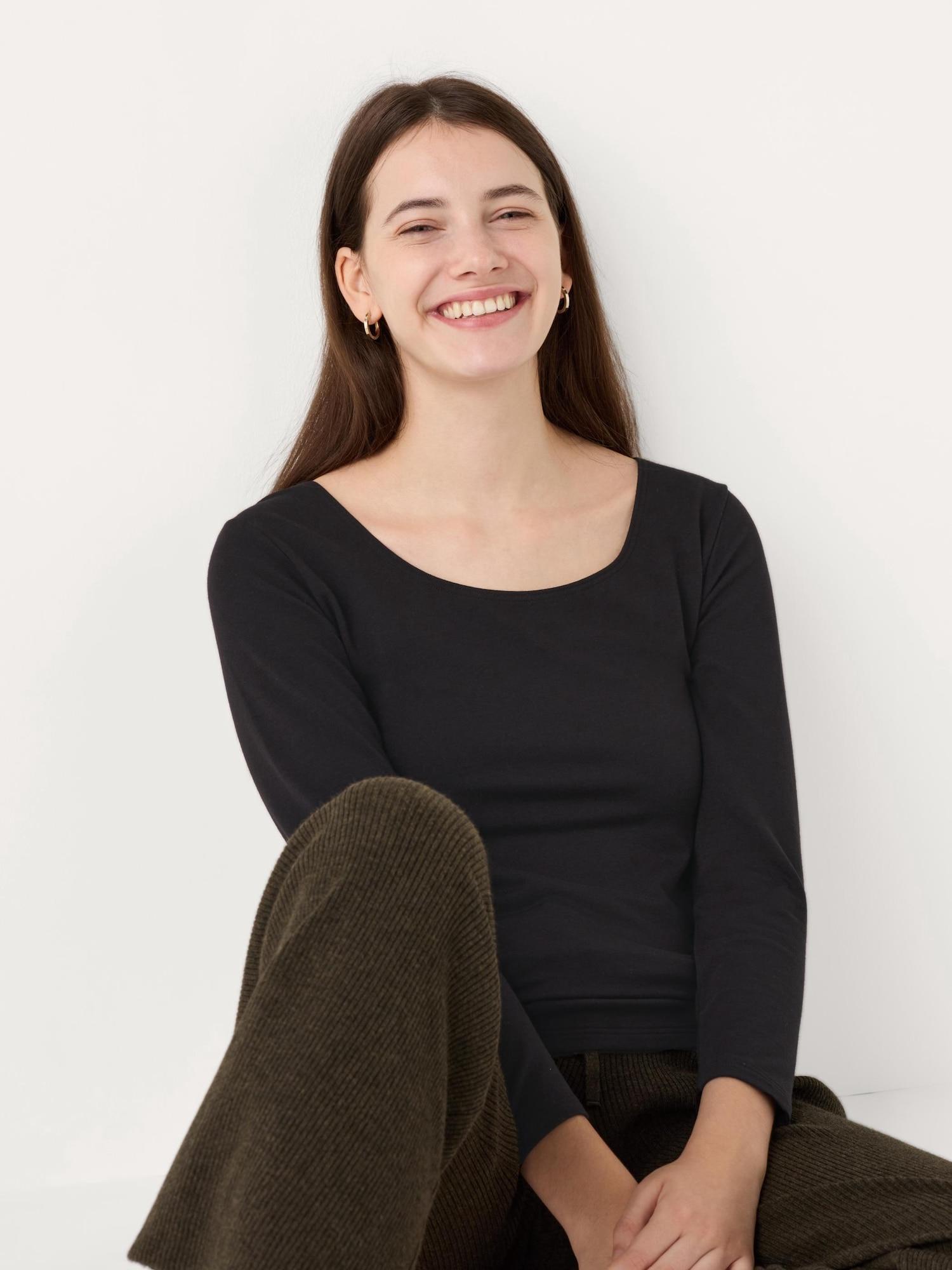 

Uniqlo Япония Ультра Теплый Хлопок HeatTech Футболка U-образным Вырезом Рукав 8 Минут 09 BLACK/3XL