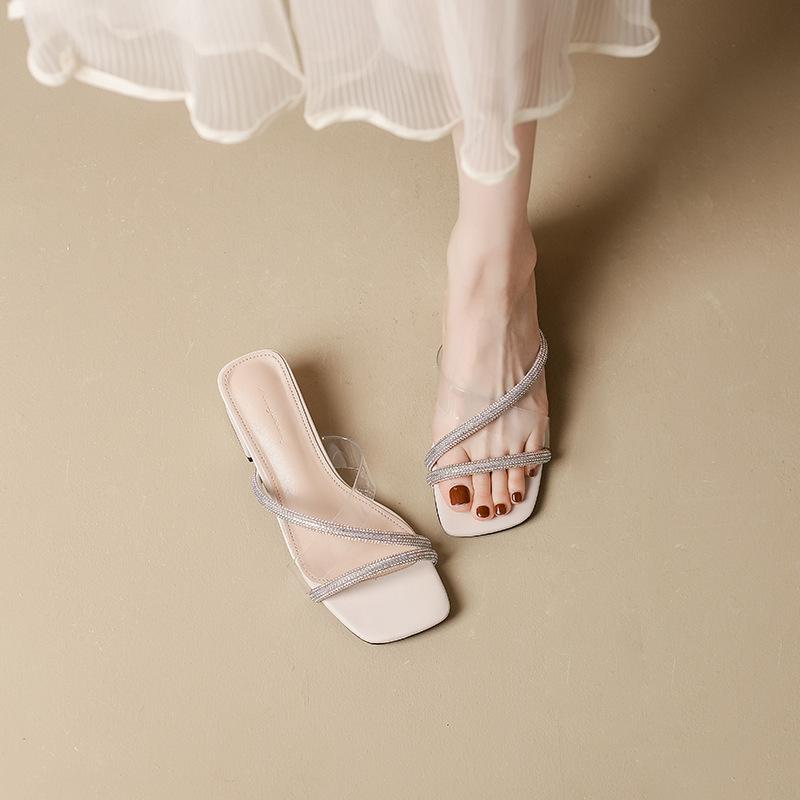 Fashion Bling Bling Narrow Band Transparent Sandals Women Slides Summer Shoes Med-high Heels Sandalias Mujer Crystal Pantuflas Mujer