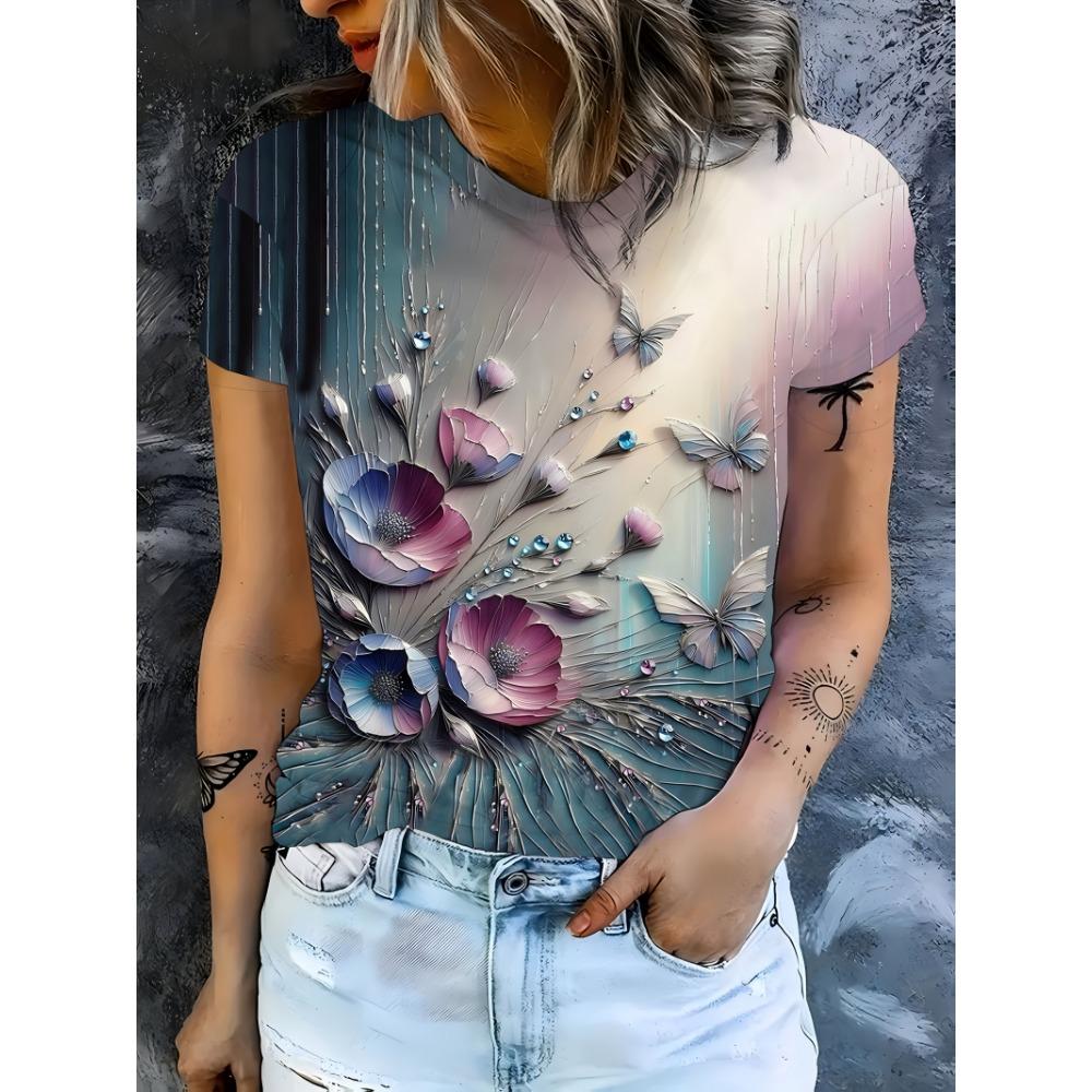 

T-shirt women s summer casual round neck short sleeve floral pattern top loose casual wear ladies T-shirt mother s day gift XS