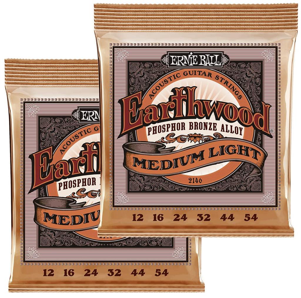 ERNIE BALL Authentic 2146 Acoustic Guitar Strings (12-54) Earthwood Phosphor Bronze Medium Light, 2-Pack