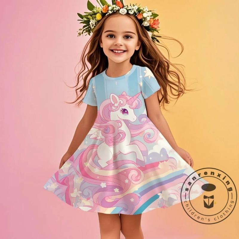 

Сукня з короткими рукавами з 3D-принтом єдинорога, милий одяг для дівчаток, дитячий святковий одяг, повсякденна сукня принцеси, дихаюча, приємна до шкіри 110