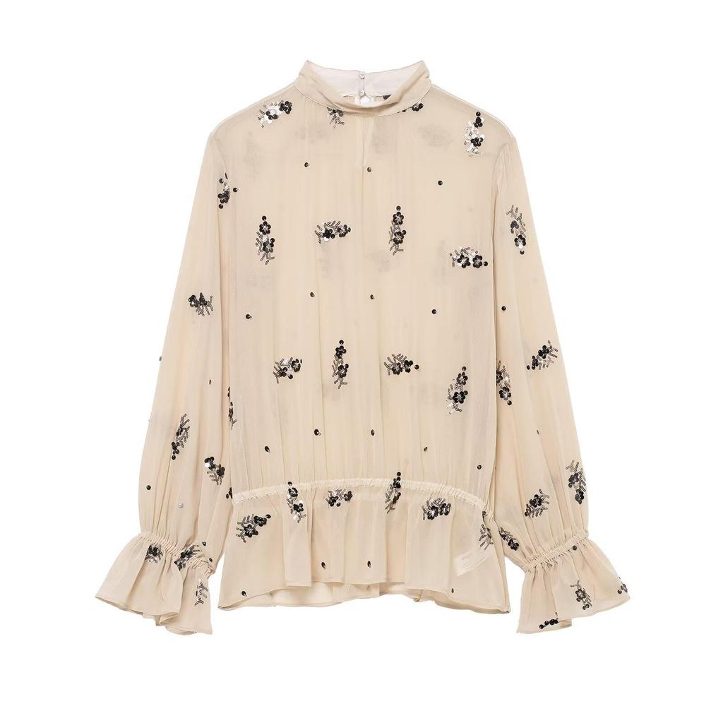 2025 Winter European & American Fashion: Versatile Semi-Transparent Sequin Long-Sleeve Shirt