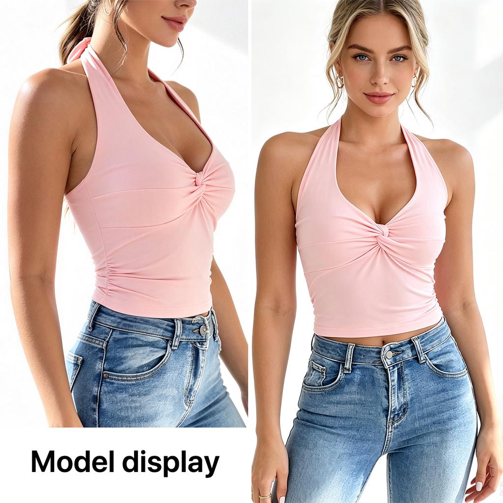 Damen Neckholder Ärmelloses Tanktop Verdrehte Vorderseite Tiefes V-Ausschnitt Schmale Passform Einfarbig Kurz Lässig Sommer Crop Bluse