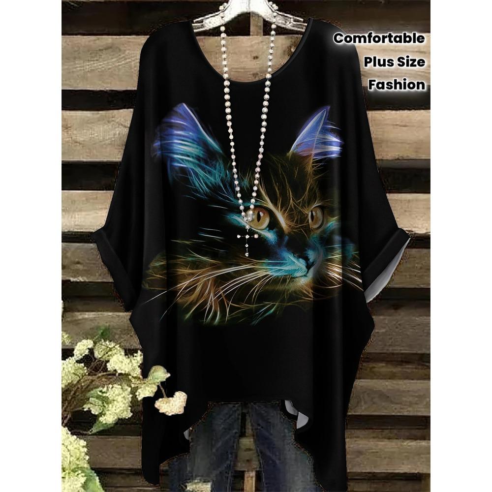 Bohemian Floral Tunic Plus Size Women's Bohemian Floral Print Tunic T-Shirt Short Sleeve Round Neck Casual Top Vibrant 2025