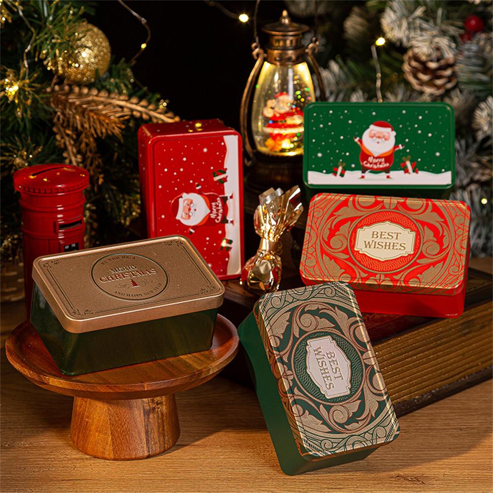 

Christmas Supplies Rectangle Tinplate Box Empty Cookie Candy Box Santa Claus Gift Boxes Jewelry Storage Can Xmas Party Decor as show