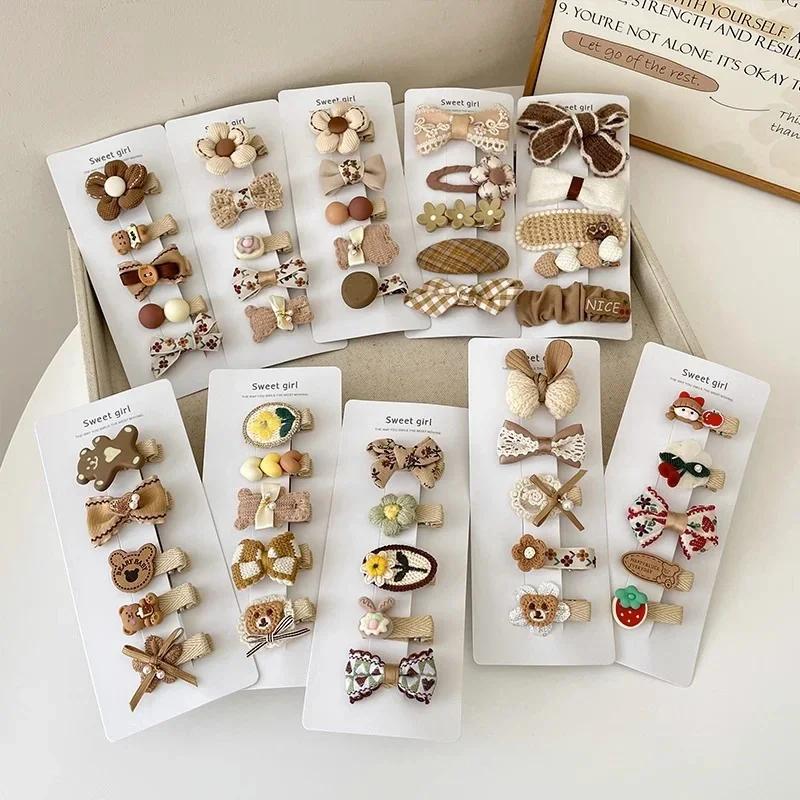 5pcs Sweet Kids Hair Clip Beige Coffee Color Plush Hairpin for BabyToddler Autumn Winter Kawaii Bowknot Headwear for Girls