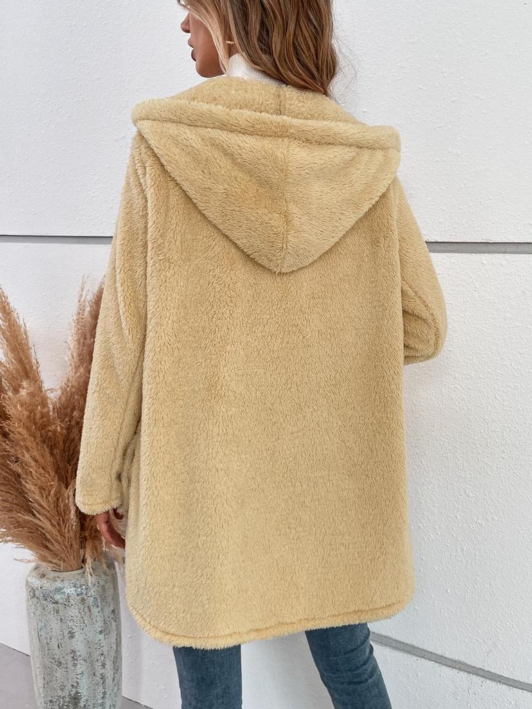 Hooded Coat: Women's Plush Irregular Button Solid Color - 77 Available
