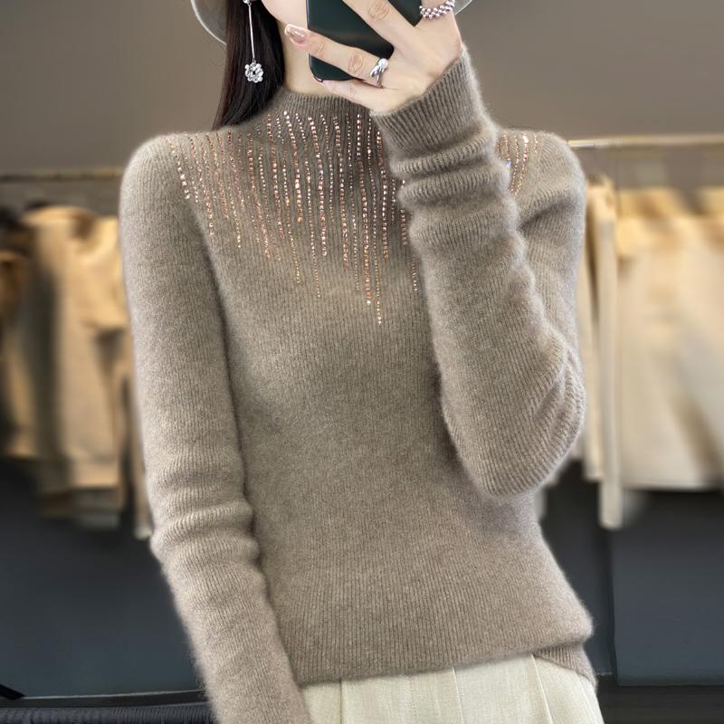 Women's Half Turtleneck Sweater, Qinghe Cashmere, 30% Cashmere 70% Wool, Diamond-studded Winter Knitted Pullover Autumn Sweater Cashmere Sweater
