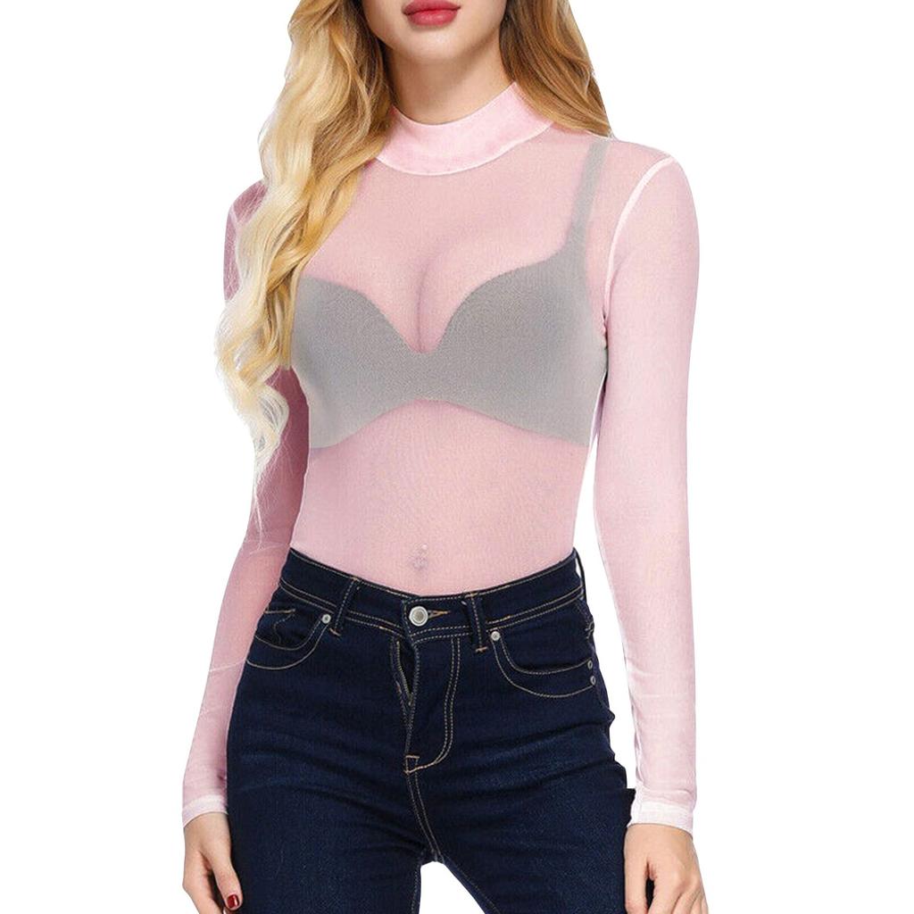 Women's Summer Sexy Ultra-thin Mesh Elastic Tight Long-sleeved Half-high Collar Bottoming Shirt