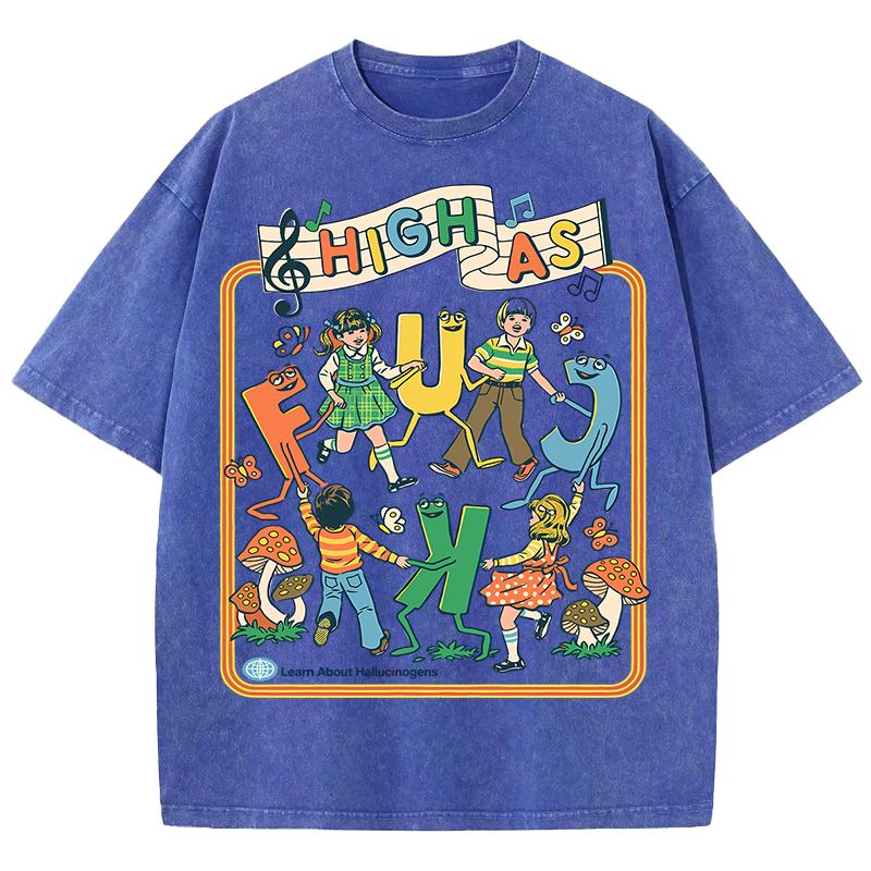 Happy Playing Children Pattern Retro T-Shirt Men Summer Soft Clothing Trendy Crewneck Washed Tops Oversize Cotton Streetwear