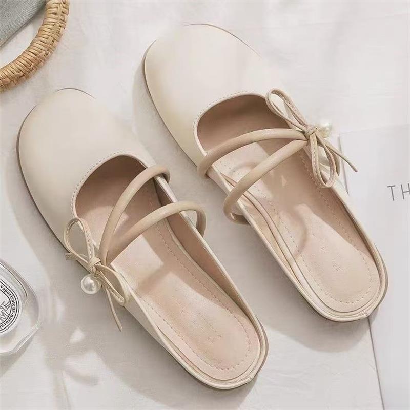Fairy wind pearl bow baotou half slippers female summer 2025 new evening shoes flat lazy slippers