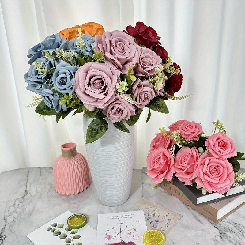 1Pc Plastic 7-Head Rose Green Plant Bouquet, Fake Flower