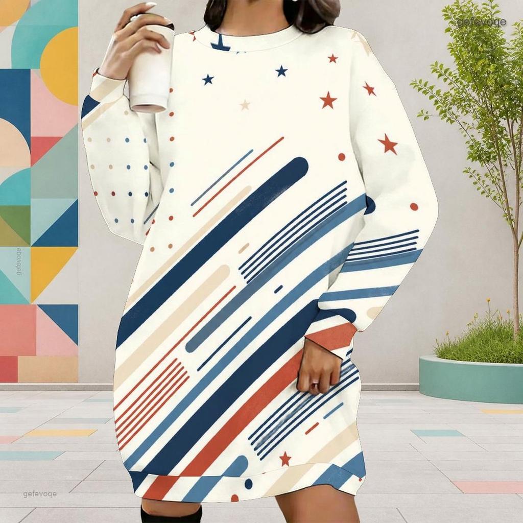 Women Plus Size Round Neck Long Sleeve American Eagle Printed Sweatshirt Mini Dress