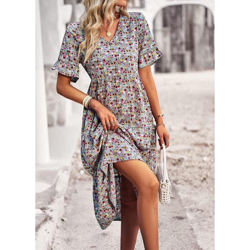 V-neck Short Sleeve Floral Printed Dress Summer Fashion Elegant Loose Long A-line Party Dresses Casual Bohemian Beach Slim Fit Elegant Clothing