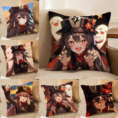 G-Genshin Impact-MT Cute Hu Tao Pillow Case Printing Pillowcase Living Room Sofa Cushion Cover Bedroom Room Decor