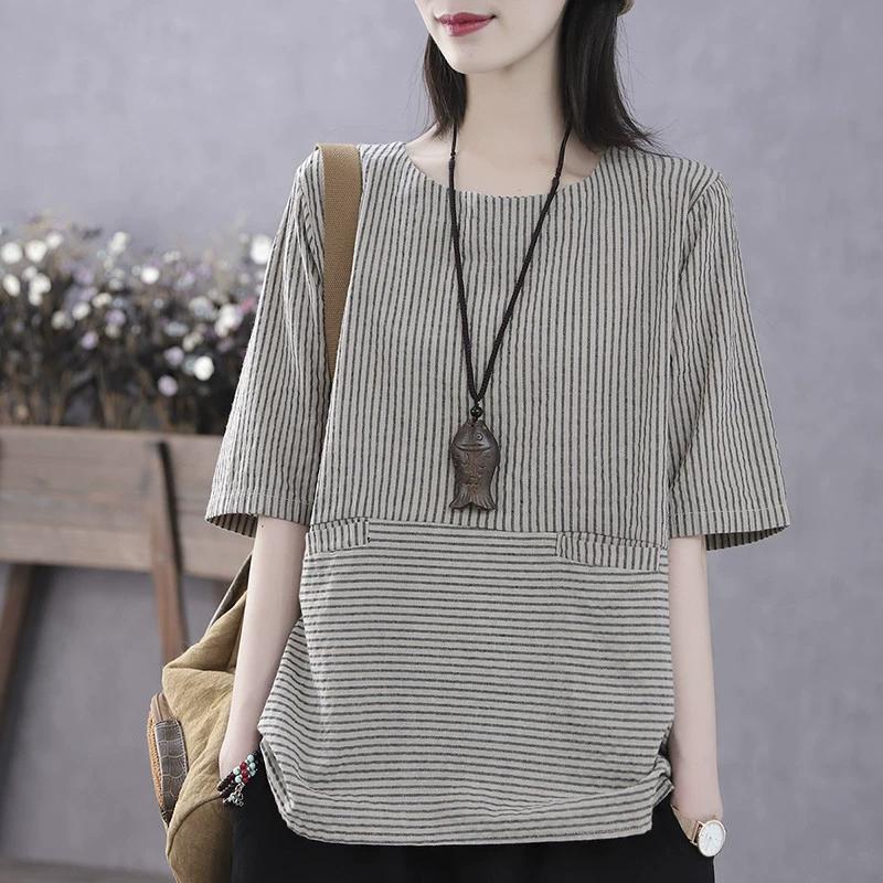 Retro Mid-sleeved Bottoming Shirt Women's Summer Thin Blouse Western Style Small Shirt Pullover Loose Striped Five-point Sleeve Half-sleeved T-shirt