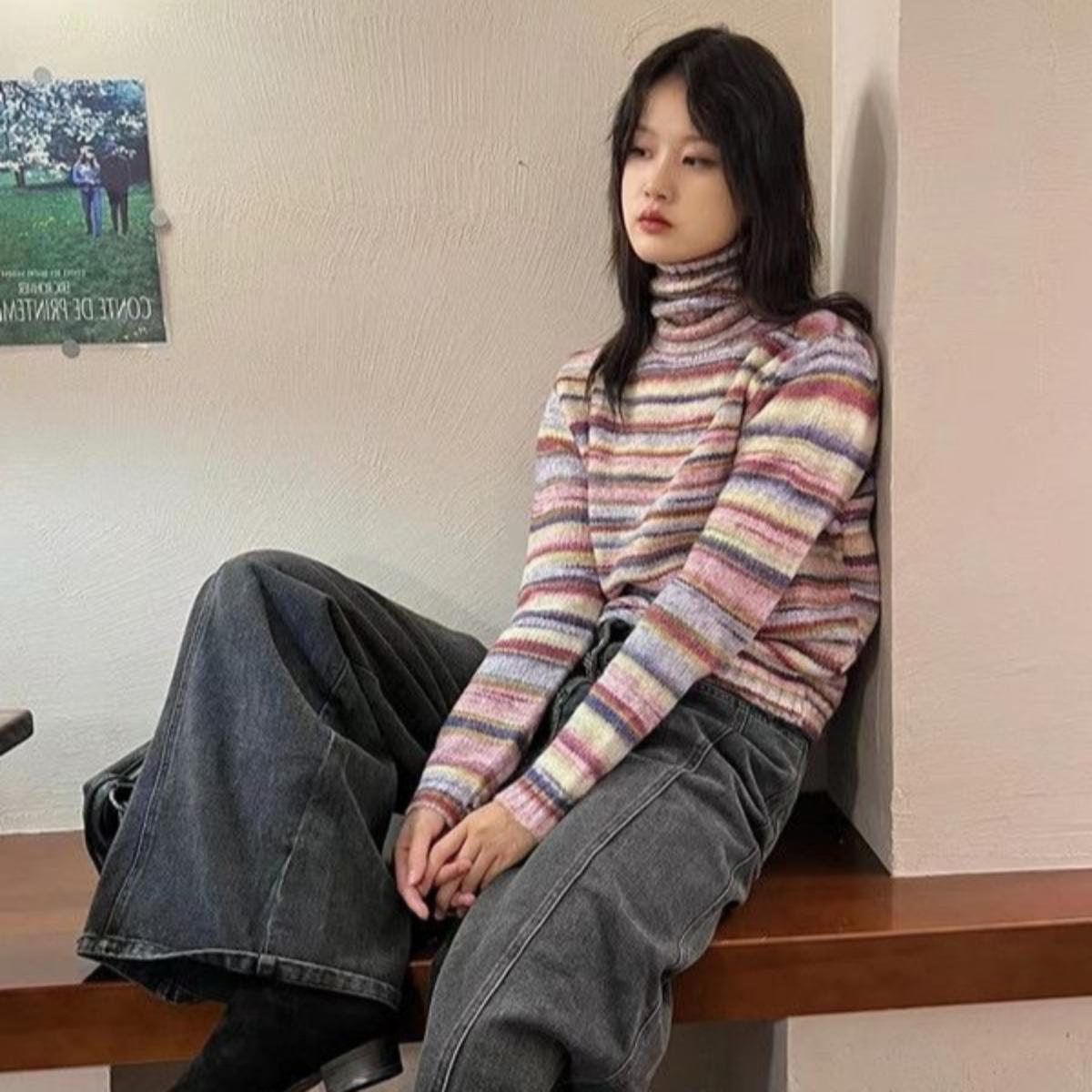 

2KWEIRD Японский свитер-водолазка в стиле Y2k Винтажный пуловер в радужную полоску Корейская мода Вязаный джемпер Харадзюку Гранж Вязаная одежда XL