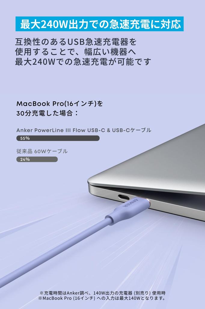 Anker PowerLine III Flow USB PD Silicone Compatible with iPhone iPad MacBook Lavender USB-C & USB-C Cable, Tangle-Free Cable, Compatible, Material,