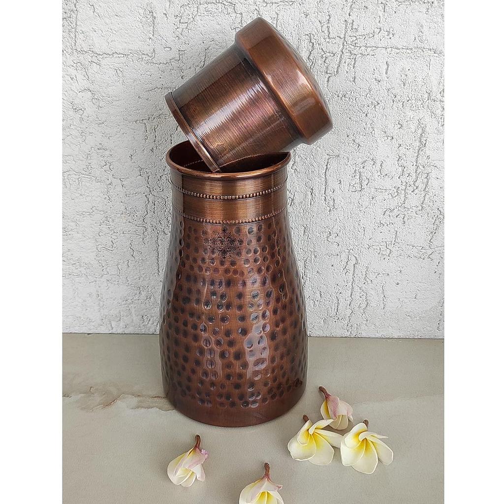 Pure Copper Bedroom Water Bottle with Inbuilt Glass, Hammered Antique Design - Drinkware & Storage Purpose, Volume 900 Ml (Pack of 2)