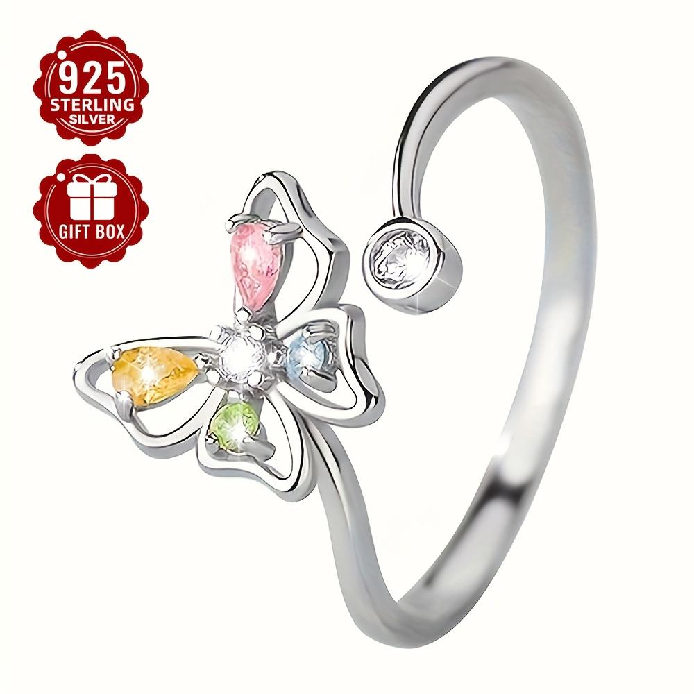 S925925Silver Butterfly Ring, Single Piece, with Colorful Synthetic Zirconia, Adjustable Size, Hypoallergenic, Approx. weight0.06Ounce Suitable for