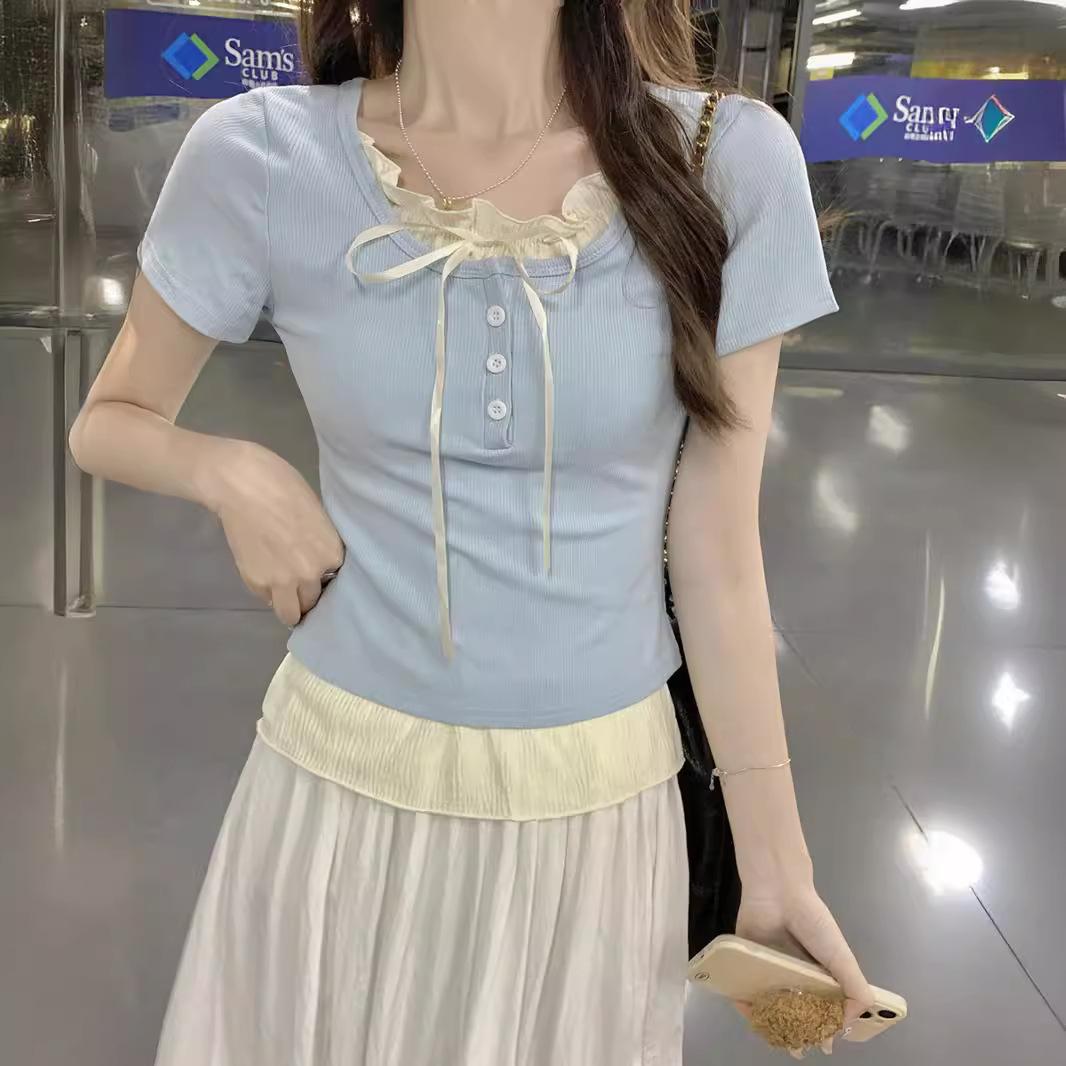 

Футболка из двух частей с короткими рукавами в стиле Pure Desire, женская летняя женская одежда, новый короткий топ с черными ушками S синий