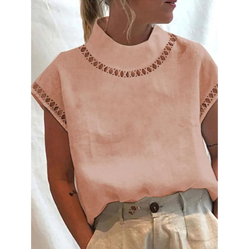 Women's Solid Color Hollow Top Casual Turtleneck Breathable Shirt