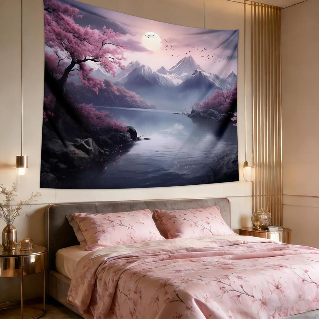 Japanese Cherry Blossom Tapestry Wall Hanging Asian Anime Nature Mountain Wall Art Calming Tapestries For Bedroom Living Room