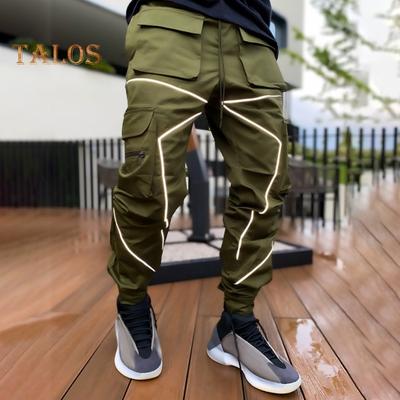 Herren Cargohose mit Knöchelband, reflektierendes Patchwork, mehrere Taschen, lockere, lässige Hose mit geradem Bein, Outdoor-Sport, Jogging- und Campinghose
