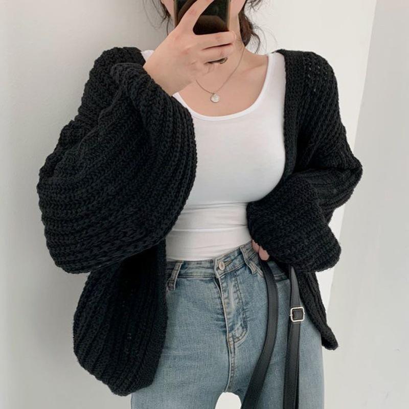 Korean Early Autumn V-neck Loose Casual Lantern Sleeve Cardigan Sweater for Women